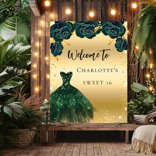 Poster Sweet 16 fleurs de robe verte or bienvenue