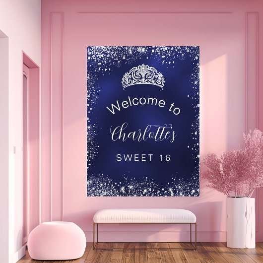 Poster Sweet 16 marine bleu argent parties scintillant bi