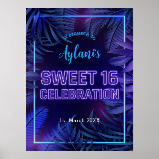 Poster Sweet 16 Neon Glow Anniversaire Bienvenue (Devant)