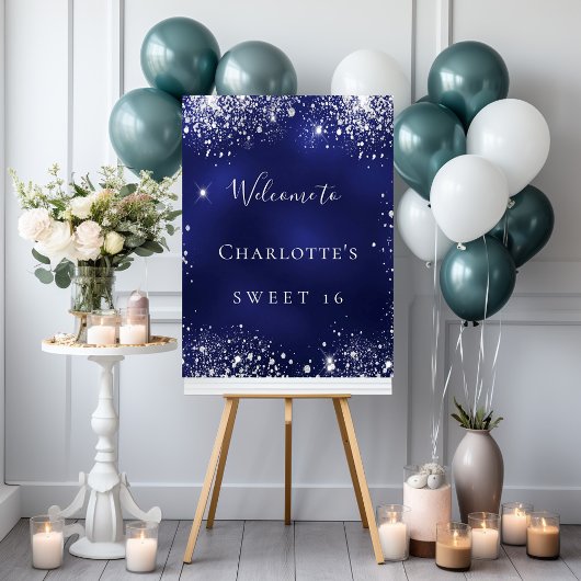 Poster Sweet 16 party bleu argent parties scintillant sci