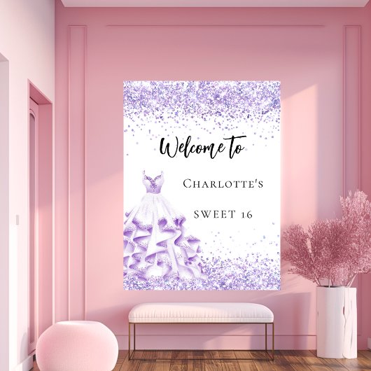 Poster Sweet 16 robe blanche violet fête d'accueil