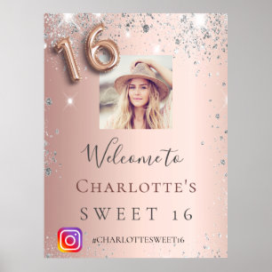 Poster Sweet 16 rose or photo argent parties scintillant 