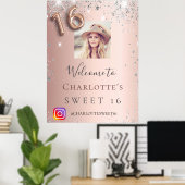 Poster Sweet 16 rose or photo argent parties scintillant (Bureau à domicile)