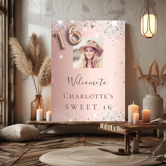 Poster Sweet 16 rose or photo argent parties scintillant