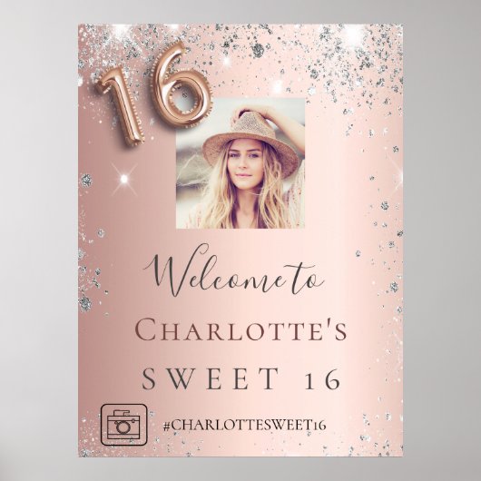 Poster Sweet 16 rose or photo argent parties scintillant  (Devant)