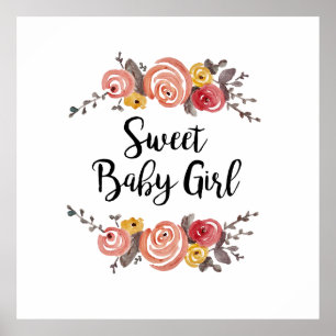Poster Sweet Baby Girl Baby shower de peinture à la fleur