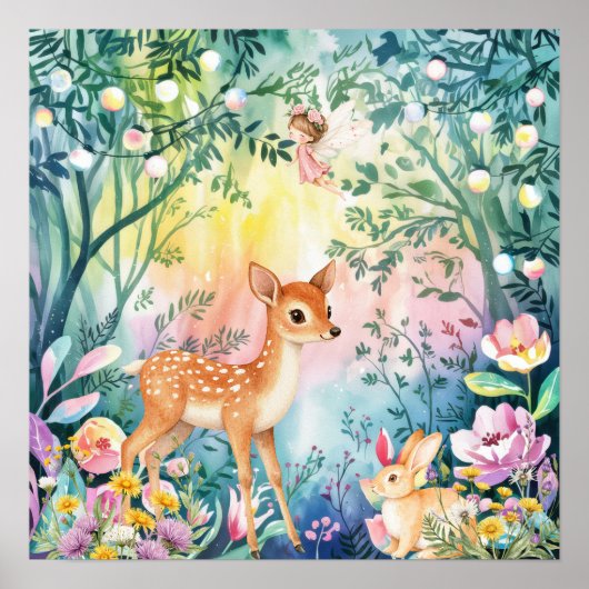 Poster Sweet Dreams Woodland Deer & Rabbits Nursery  (Devant)