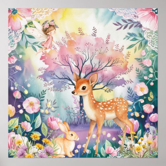 Poster Sweet Dreams Woodland Deer & Rabbits Nursery  (Devant)