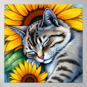 Poster Sweet Napping Gray Cat and Sunflower (Devant)