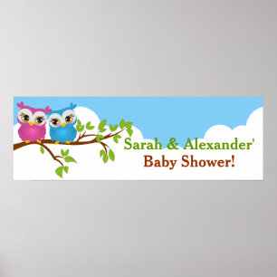 Poster Sweet Twins Owls Boy Girl Bannière Baby shower
