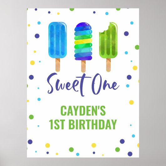 Poster Sweet Un 1er Anniversaire Ice Pop Bleu Vert (Devant)