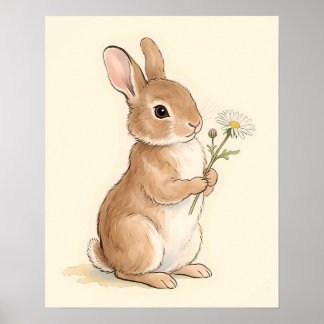 Poster Sweet Watercolor Bunny Holding Daisy Flower