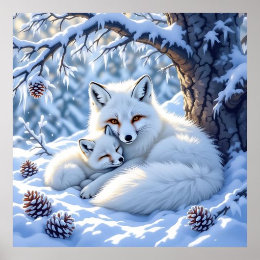 Poster Sweet White Foxes in the Snow (Devant)
