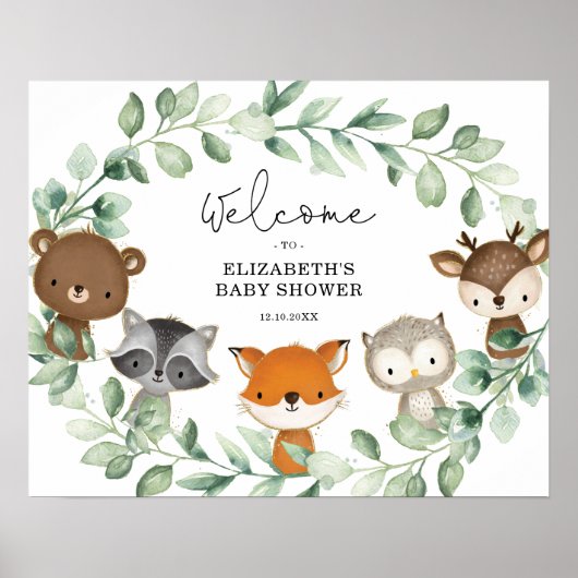 Poster Sweet Woodland Forest Greenery Wreath Baby Welcome (Devant)