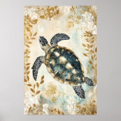 Poster swimming sea turtle surrounded by floral patterns. (Devant)