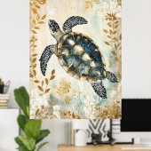 Poster swimming sea turtle surrounded by floral patterns. (Bureau à domicile)