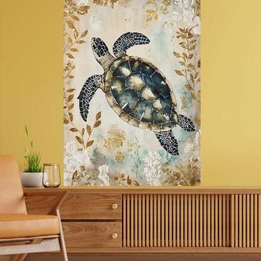 Poster swimming sea turtle surrounded by floral patterns. (Salon 2)