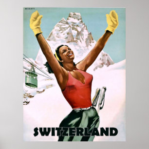 Poster Switzerland, happy skiing woman, vintage travel