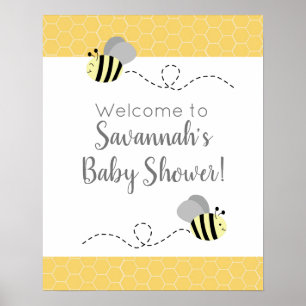 Poster Symbole Baby shower de l'abeille gris et jaune