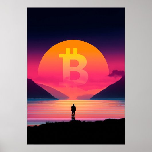 Poster Symbole Bitcoin coucher de soleil rétros 80s (Devant)