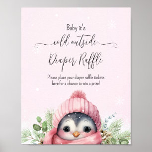 Poster Symbole de Baby shower fille rose Pingouin d'hiver