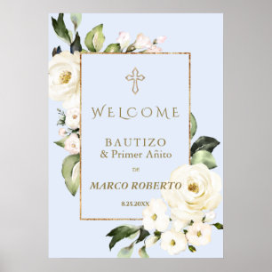 Poster Symbole de bienvenue Baptême Floral Blanc Espagnol