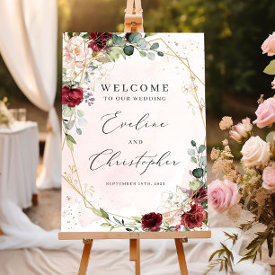 Poster Symbole de bienvenue mariage floral bordeaux