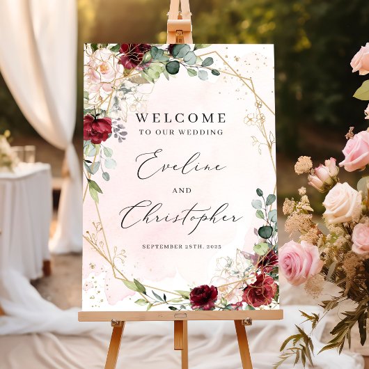 Poster Symbole de bienvenue mariage floral bordeaux