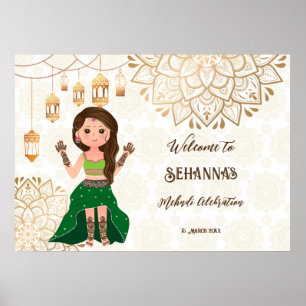 Poster Symbole de bienvenue Mehndi avec une mignonne mari