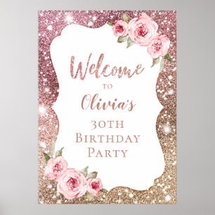 Poster Symbole de bienvenue rose or floral 30e anniversai