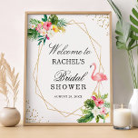 Poster Symbole de Fête des mariées d'or du Flamant rose f<br><div class="desc">Bienvenue aux invités dans une douche tropicale et élégante nuptiale avec cette magnifique Affiche de bienvenue de Flamant rose Tropical Floral Fête des mariées. L'enseigne présente un superbe design floral et flamand avec une touche de détails géométriques dorés, ce qui en fait un complément parfait à toute soirée à thème...</div>