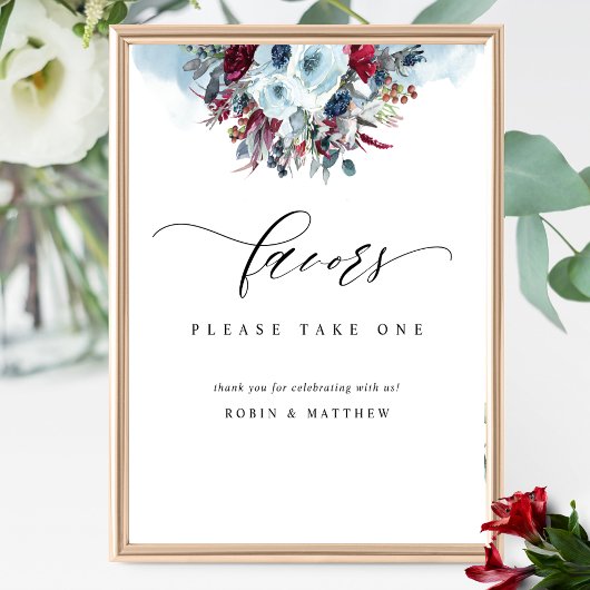 Poster Symbole de mariage bleu Bourgogne et rouge floral 