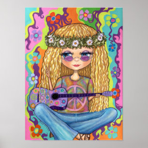 Poster Symbole de Paix de Guitare violette Chick Hippie C