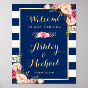 Poster Symbole de réception de mariage Floral Navy Bleu S