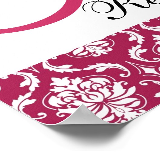 Poster Symbole de réception de mariage Fuchsia Damask Mon (Coin)