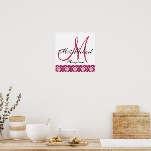 Poster Symbole de réception de mariage Fuchsia Damask Mon (Cuisine)