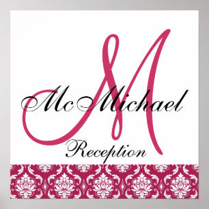 Poster Symbole de réception de mariage Fuchsia Damask Mon