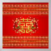 Poster Symbole Double Bonheur Or avec fleurs et oiseau (Devant)