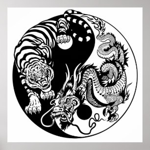 Poster symbole du dragon et du tigre yin yang