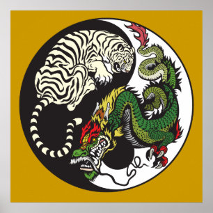 Poster symbole du dragon vert et du tigre blanc yin yang