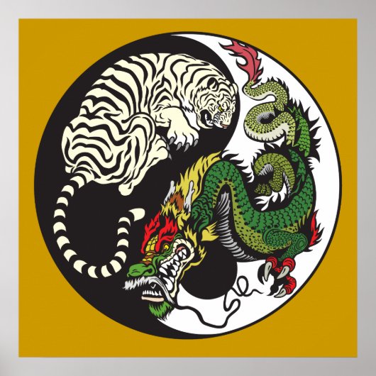 Poster symbole du dragon vert et du tigre blanc yin yang (Devant)