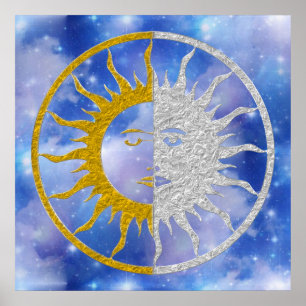 Poster Symbole du SOLEIL et de LUNE - ciel argenté d'or