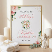 Poster Symbole Fille Baptême Rose Floral Or Croix