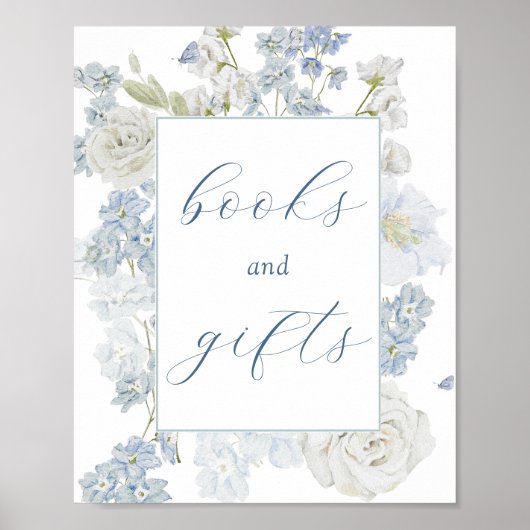 Poster Symbole Fleurs Bleues Douces Livres et Cadeaux (Devant)