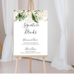 Poster Symbole Gold Tropical Foliage Signature Florale Bo<br><div class="desc">Cette enseigne de boissons florale au feuillage tropical doré est parfaite pour un mariage rustique. Le design est orné d'or aquarelle peint à la main et d'un feuillage vert tropical agrémenté d'élégantes fleurs rousses. Personnalisez le panneau avec les noms de la mariée et du marié et leur choix de boisson...</div>