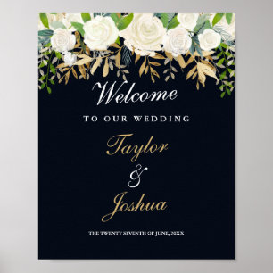 Poster SYMBOLE Mariage Bienvenue Marine or Floral