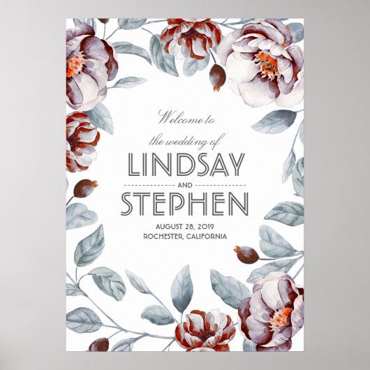 Poster Symbole Mariage d'aquarelle Plum et Bourgogne (Devant)