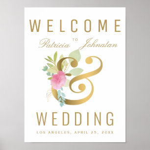 Poster Symbole mariage de bienvenue rose rose faux or