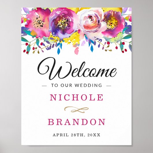 Poster SYMBOLE Mariage Floral Fuchsia Gold Watercolor Spr (Devant)