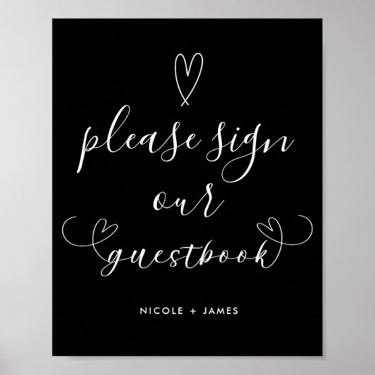 Poster Symbole moderne Coeurs noir & blanc Mariage Guestb (Devant)